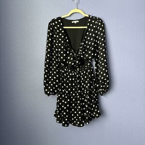Women's City Vibe Dress Polka Dot Tie Front Mini Long Sleeve Black & White Small